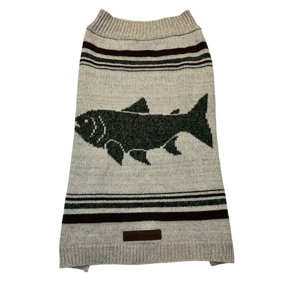 Eddie Bauer Trout Fish Dog Sweater Large Oatmeal Green Cabin Gorpcore Outdoor
